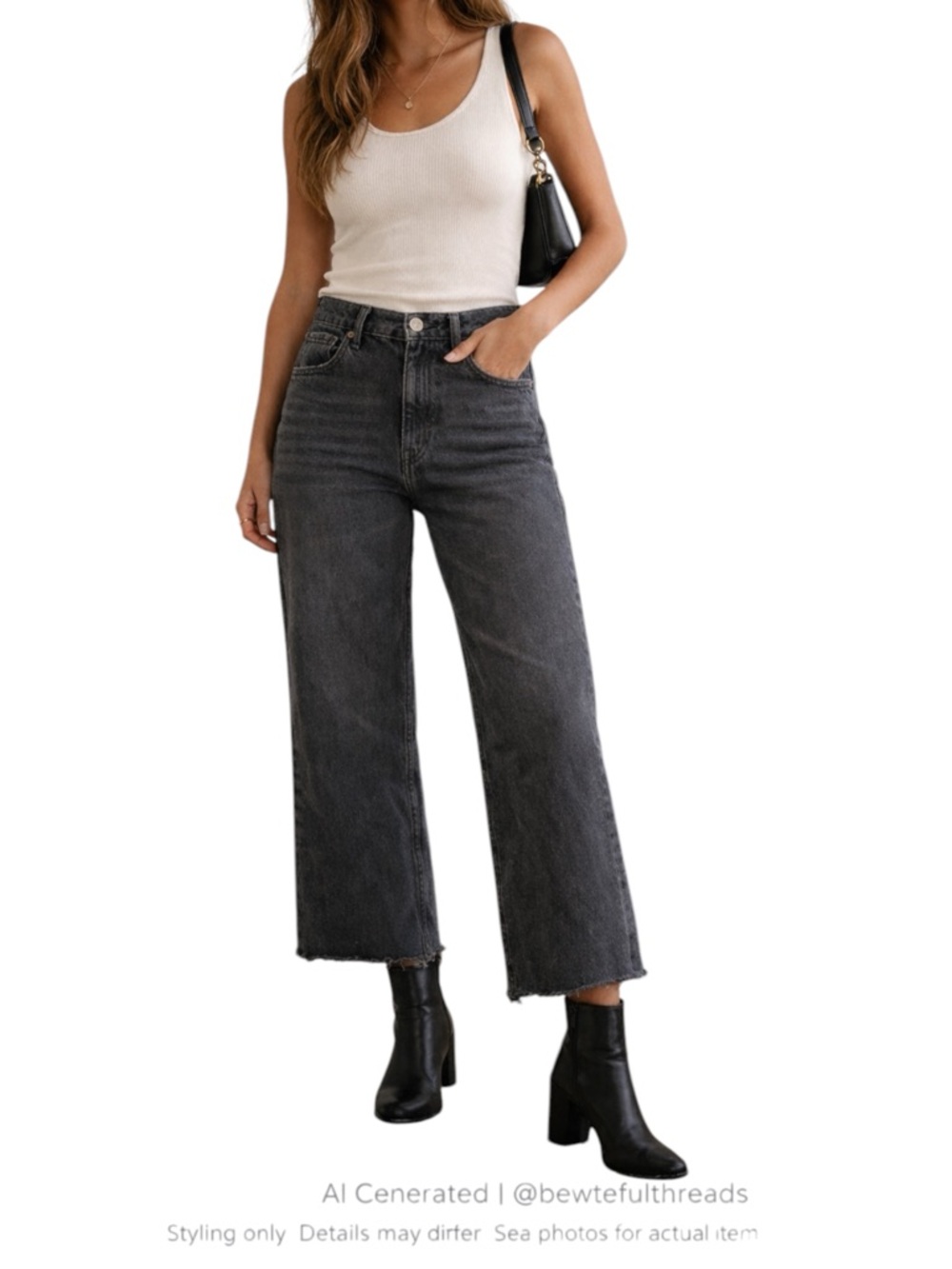 Minimalist Washed Black Wide Leg Jeans Raw Hem Cropped High Rise 27